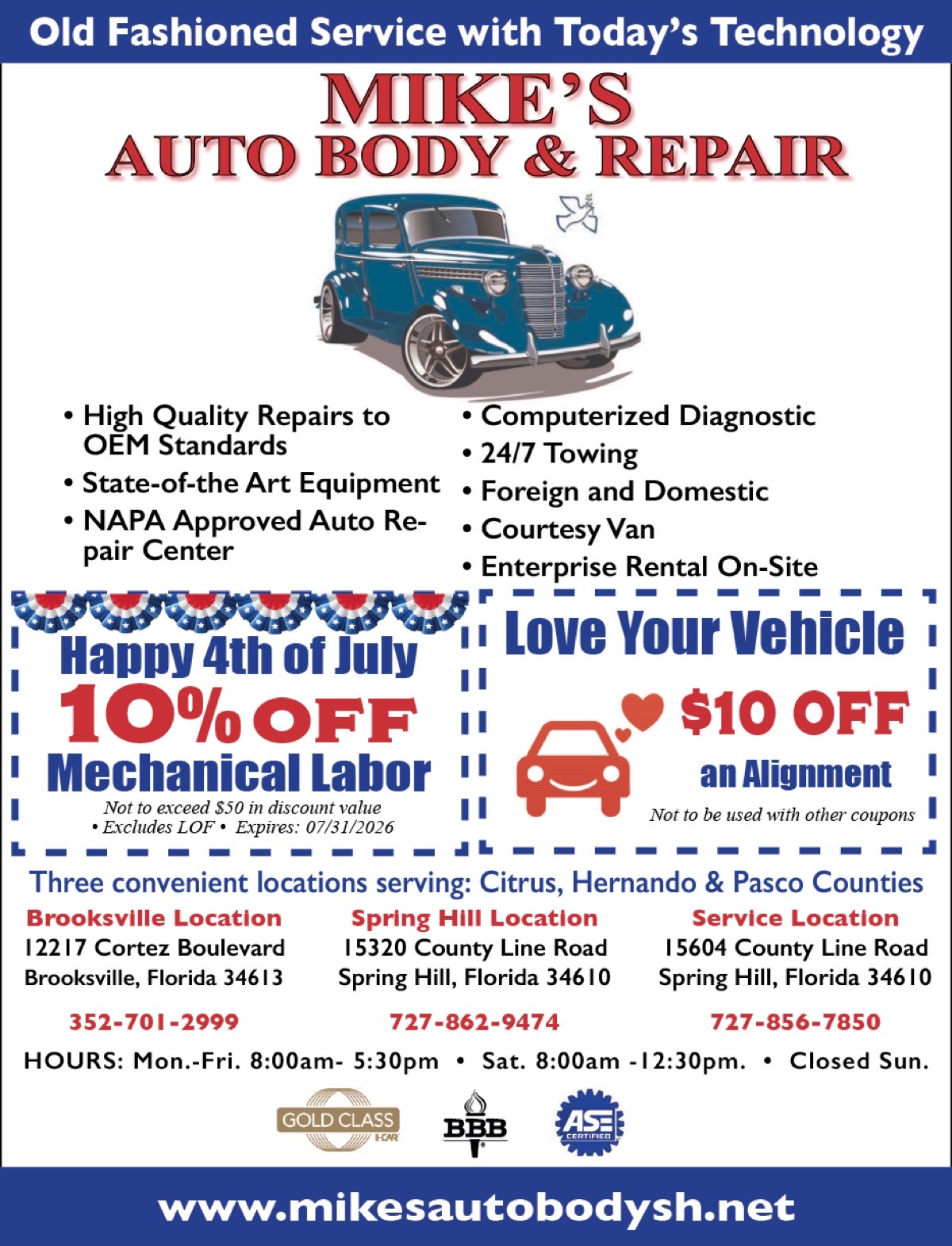 Mike's Auto Body ad as printed in the July issue